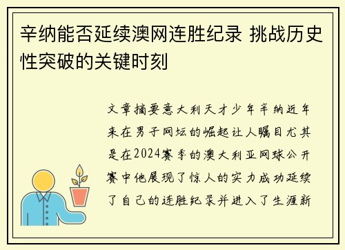 辛纳能否延续澳网连胜纪录 挑战历史性突破的关键时刻