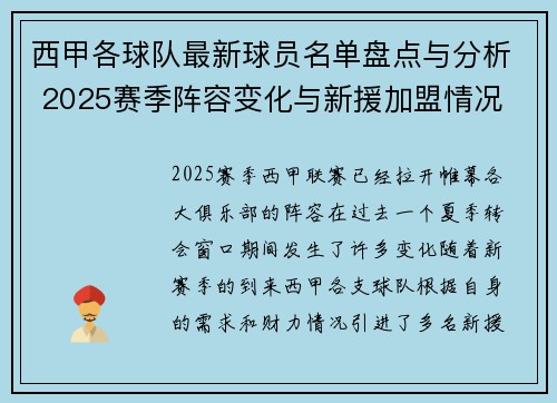 西甲各球队最新球员名单盘点与分析 2025赛季阵容变化与新援加盟情况 西甲各球队最新球员名单盘点与分析 2025赛季阵容变化与新援加盟情况