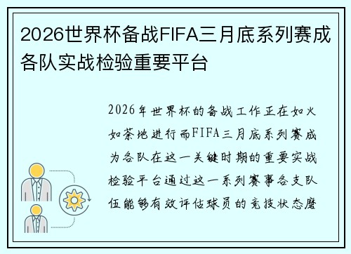 2026世界杯备战FIFA三月底系列赛成各队实战检验重要平台 2026世界杯备战FIFA三月底系列赛成各队实战检验重要平台